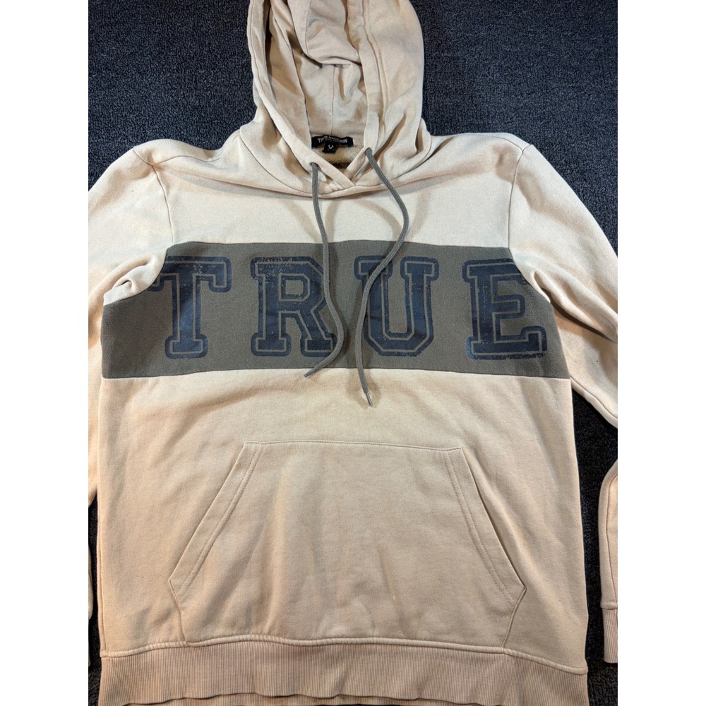 True Religion Mens Tan Olive Green Graphic Logo Pullover Hoodie Small Distressed - Picture 2 of 7